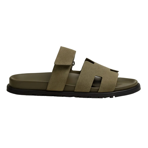 Hermes Chypre Sandal Mens Vert Toundra Green Suede Black H Logo Slide Flat 46 13 - Picture 1 of 16